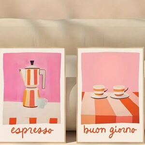 Set Of 2,Espresso and Buon Giorno Art/Canvas  Prints - Pink and Orange